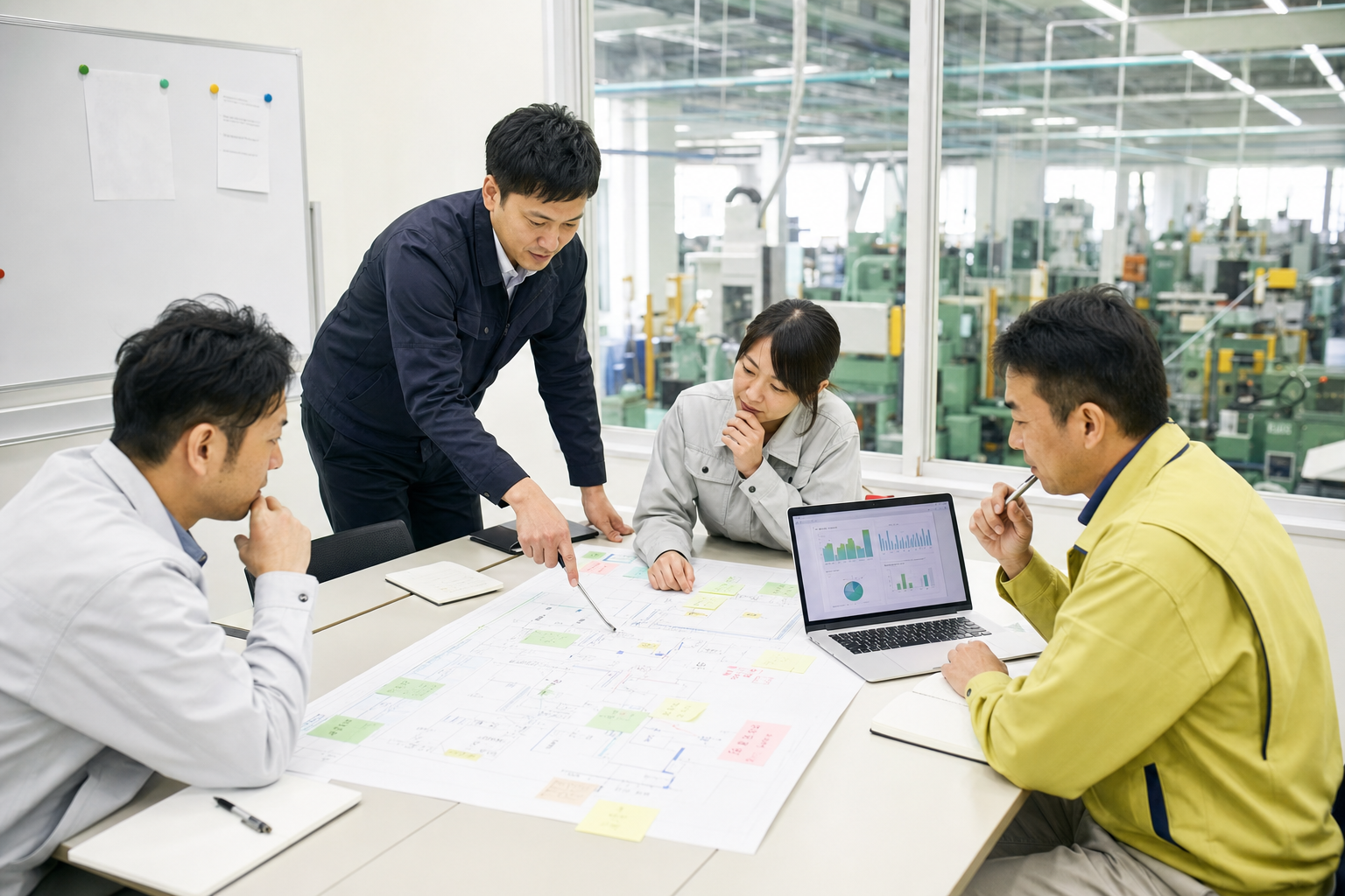 製造現場のメンバーが工程改善について話し合う様子