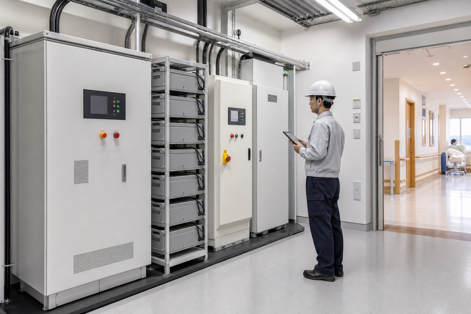 医療施設の非常用電源設備を点検する技術者
